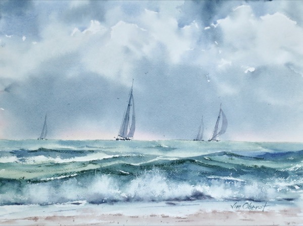 seascape, ocean, sailboat, boat, sky, storm, clouds, beach, original watercolor painting, oberst
